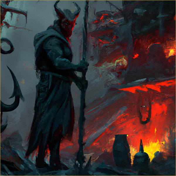 A devil forging in hell. Made with Dall-E 2. All rights reserved.