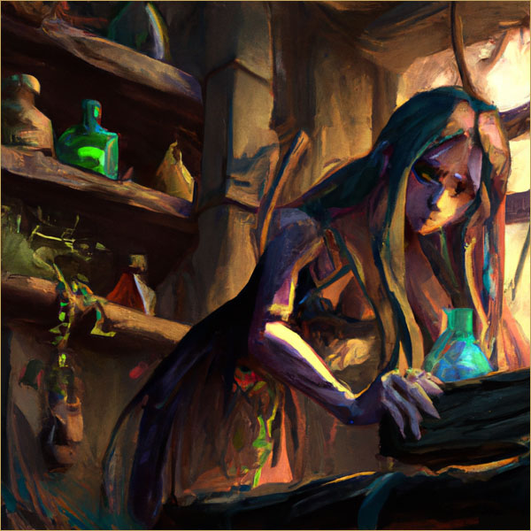 Witch mixing herbs, made with Dall-E 2. All rights reserved.
